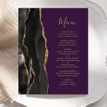 Budget Black Gold Agate Purple Mariage Menu<br><div class="desc">Le bord gauche de cet élégant menu mariage moderne comporte une bordure en aquarelle noire ornée d'une parties scintillant en faux or. Le texte personnalisable combine un script d'écriture manuscrite de couleur or et des polices de cuivre sur un arrière - plan violet. L'envers est assorti d'un design d'agate noir...</div>