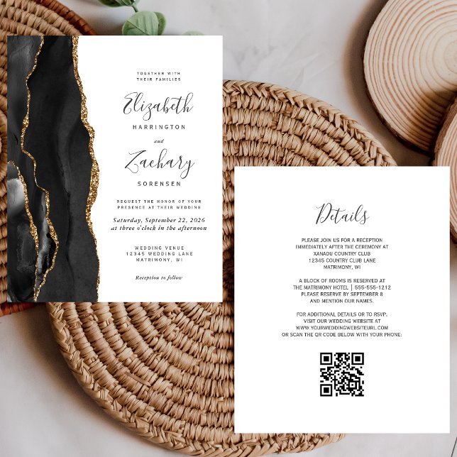 Budget Black Gold Agate QR Code Mariage Invitation (Créateur téléchargé)