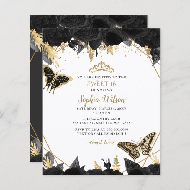 Budget Black Gold Butterfly SWEET 16 Invitation (Devant / Derrière)