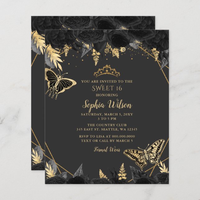 Budget Black Gold Butterfly SWEET 16 Invitation (Devant / Derrière)