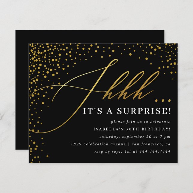 Budget Black & Gold Confetti Script Surprise Party (Devant / Derrière)