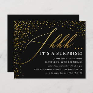 Budget Black & Gold Confetti Script Surprise Party