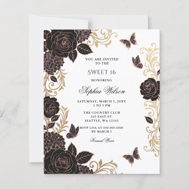 Budget Black Gold Floral Papillon Sweet 16 (Devant)