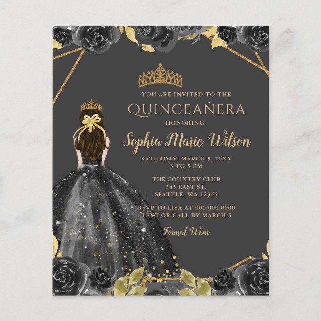 Budget Black Gold Floral Princesse Quinceañera (Devant)