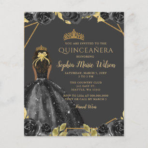 Budget Black Gold Floral Princesse Quinceañera