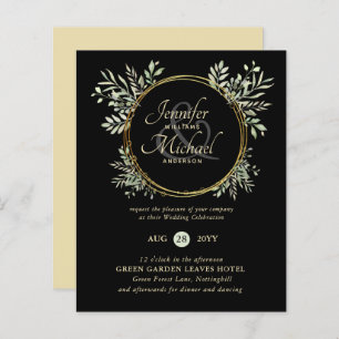BUDGET Black Gold Green Wreath Wedding Invitation