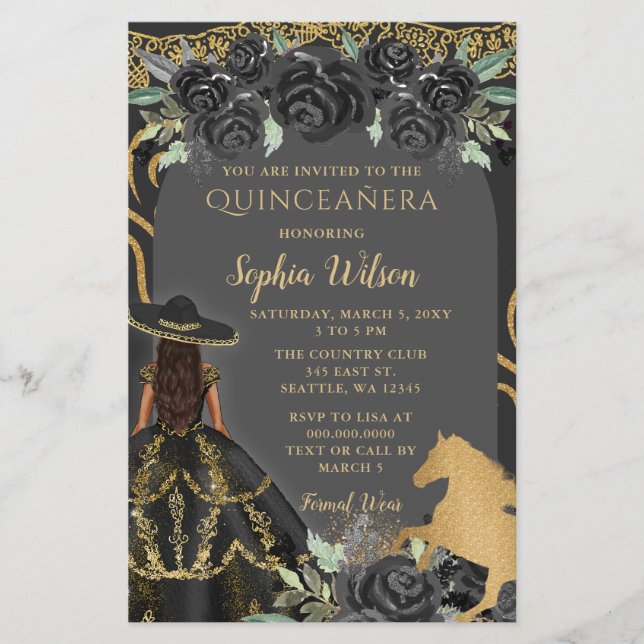 Budget Black Gold Horse Floral Charra Quinceañera (Devant)