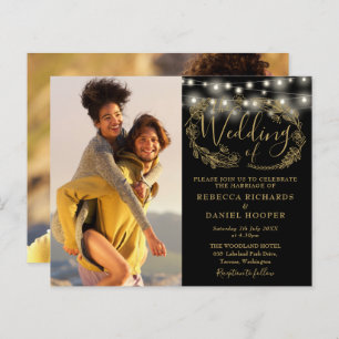 Budget Black Gold Lights 2 Photo Wedding Invitatio