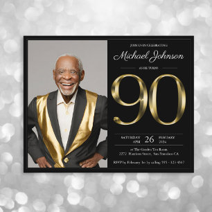 Budget Black Gold Photo 90th Birthday Invitation
