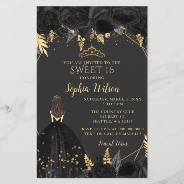 Budget Black Gold Princess SWEET 16 Invitation (Devant)