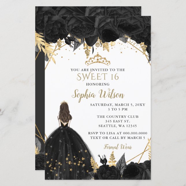 Budget Black Gold Princess SWEET 16 Invitation (Devant / Derrière)