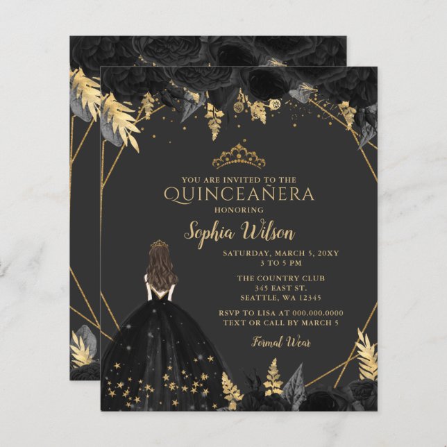 Budget Black Gold Princesse Quinceañera Invitation (Devant / Derrière)
