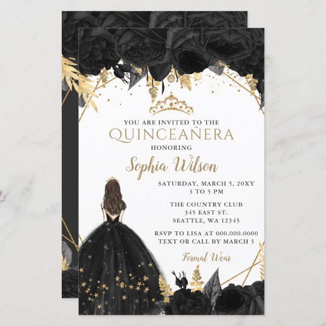 Budget Black Gold Princesse Quinceañera Invitation (Devant / Derrière)