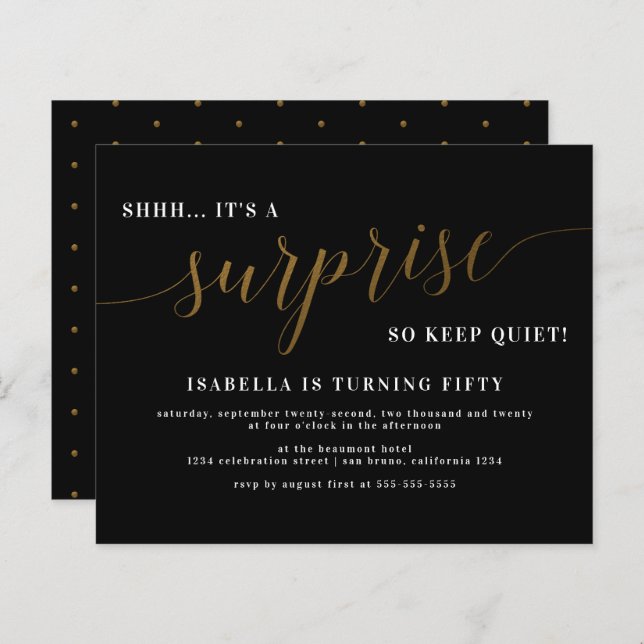 Budget Black & Gold Script Surprise fête d'anniver (Devant / Derrière)