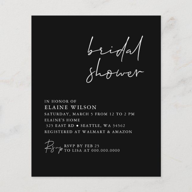 Budget Black Moderne Douche nuptiale Invitation (Devant)