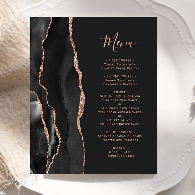 Budget Black Rose Gold Agate Dark Mariage Menu (Créateur téléchargé)