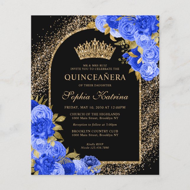 Budget Black Royal Blue Gold Floral Quinceanera (Devant)