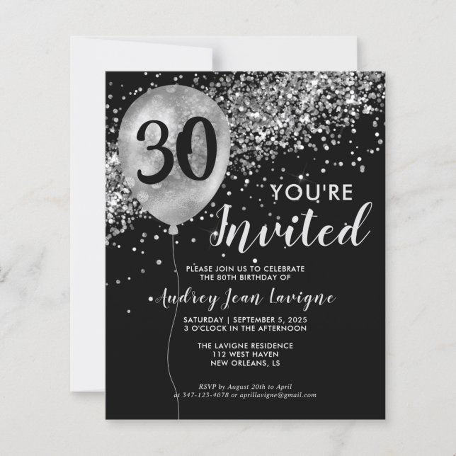 Budget Black Silver Balloon Invitation Anniversair (Devant)