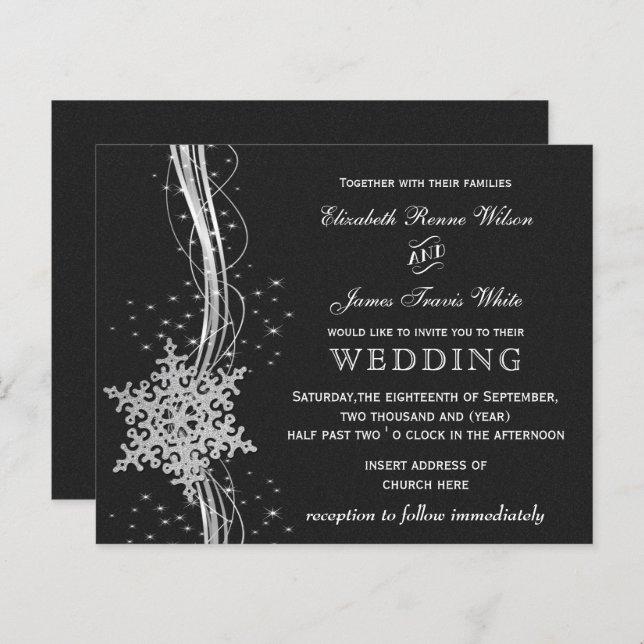 Budget Black Silver Snowflakes invitations de mari (Devant / Derrière)