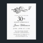 Budget Black White Golf 30th Birthday Invitation<br><div class="desc">Elégante invitation d'anniversaire en noir et blanc pour un golfeur. Le top de l'invitation est décoré d'accessoires de golf - un club de golf, balle de golf, casquette et gants. L'aquarelle crée une esthétique traditionnelle et classique. Parfait pour un bain d'anniversaire au club ou un jardin barbecue. Tout le texte...</div>