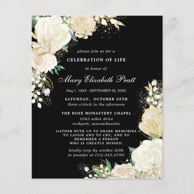 Budget Black White Rose Floral Funeral Invitation (Devant)
