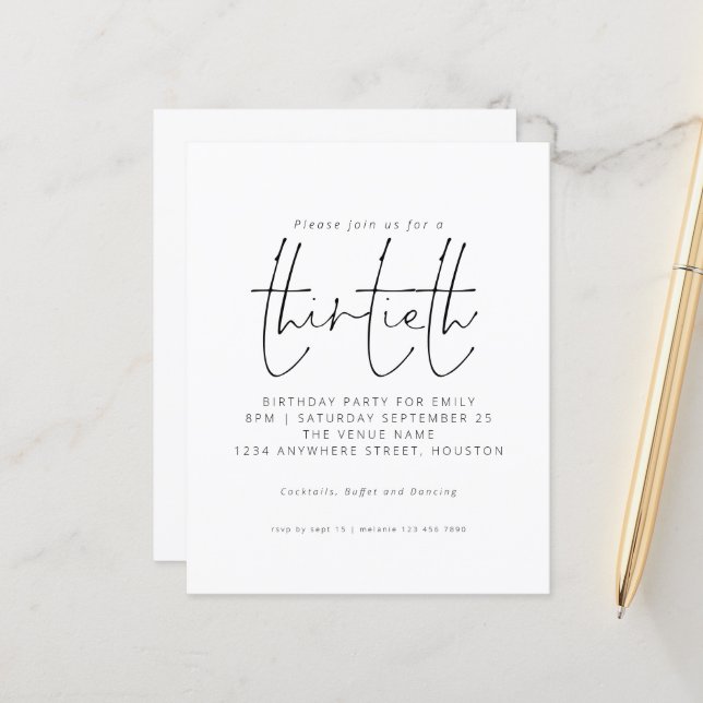 Budget Black White Script 30th Birthday Invitation (Devant/Arrière en situation)