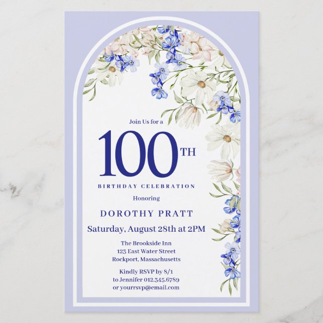 Budget Blanc Bleu Floral 100e anniversaire Invitat (Devant)