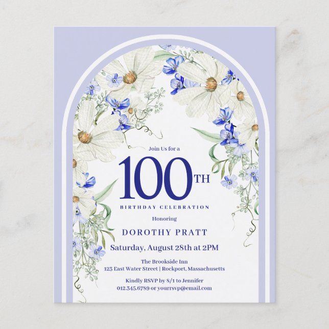 Budget Blanc Bleu Floral 100e anniversaire Invitat (Devant)