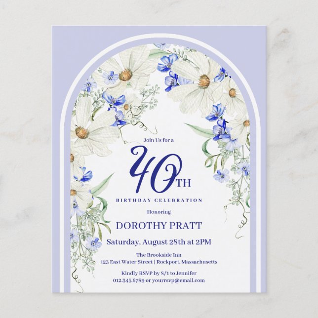 Budget Blanc Bleu Floral 40e Anniversaire Invitati (Devant)