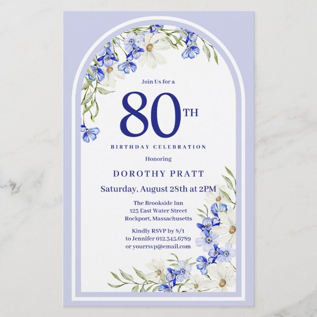 Budget Blanc Bleu Floral 80e anniversaire Invitati (Devant)