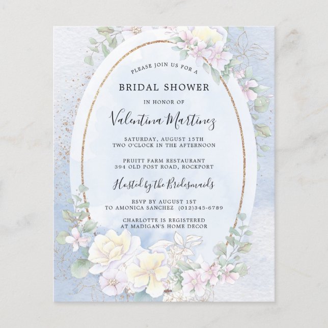 Budget Blanc Floral Bleu Douche nuptiale Invitatio (Devant)