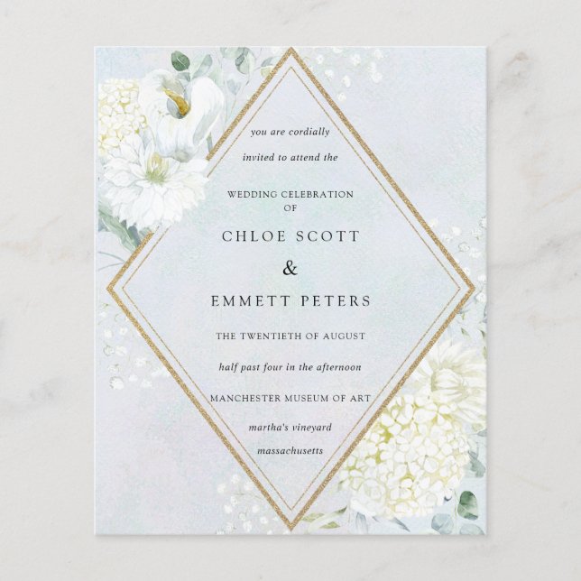 Budget Blanc Floral Bleu Faire-part de mariage (Devant)