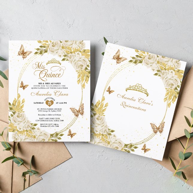 BUDGET Blanc Floral Or Butterfly Quinceañera (Créateur téléchargé)