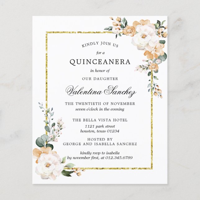 Budget Blanc or Floral Quinceanera Invitation (Devant)