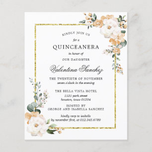 Budget Blanc or Floral Quinceanera Invitation