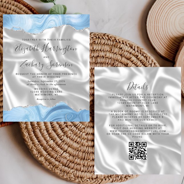 Budget Bleu Bébé Argent Agate Soie QR Code Mariage (Créateur téléchargé)