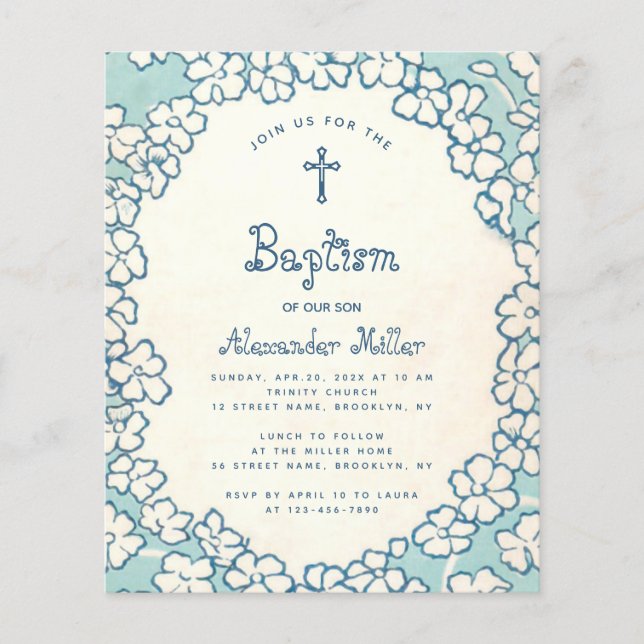 Budget Bleu Blanc Floral Frame Baptême Invitation (Devant)