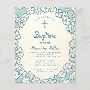 Budget Bleu Blanc Floral Frame Baptême Invitation