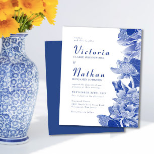 Budget Bleu Blanc Photo Floral Mariage Invitation
