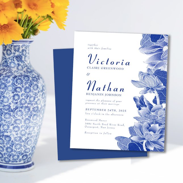 Budget Bleu Blanc Photo Floral Mariage Invitation (Créateur téléchargé)