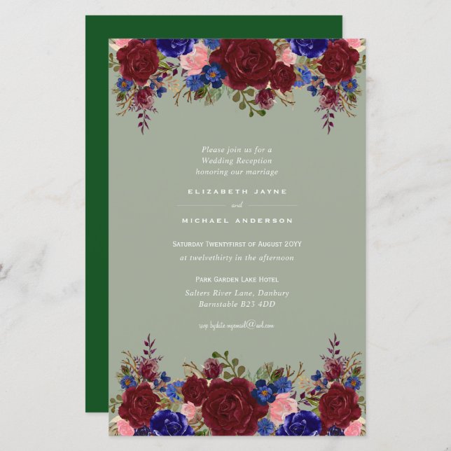 BUDGET Bleu Bourgogne Mariage floral Inviter A9 (Devant / Derrière)