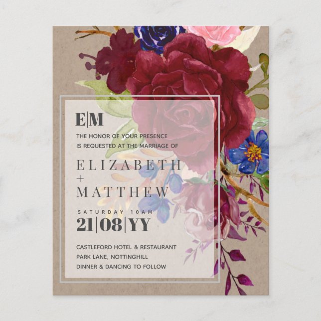 Budget Bleu Bourgogne Rose Floral Invite Mariage F (Devant)