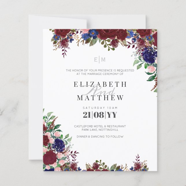 Budget Bleu Bourgogne Roses Moderne Mariage Invite (Devant)