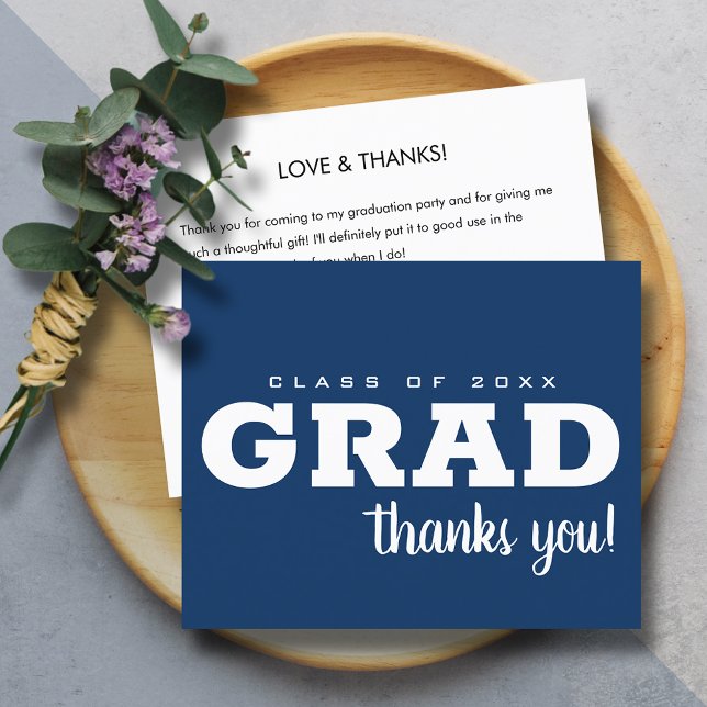 Budget bleu et blanc Grad Merci Note (Budget thank you is printed on affordable 110 lb paper (lighter than our invitation paper.))