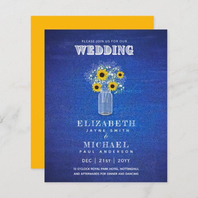 BUDGET Bleu Jaune Tournesols Mariage Invitation (Devant / Derrière)