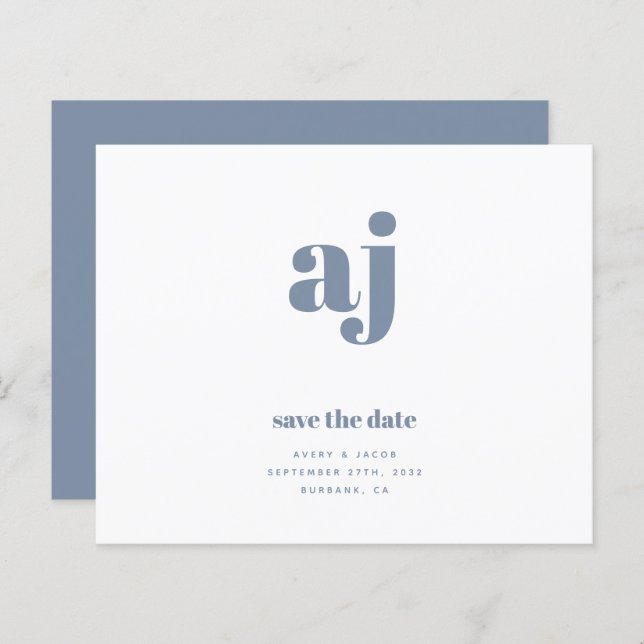 BUDGET Bleu Monogramme Mariage Enregistrer La Date (Devant / Derrière)