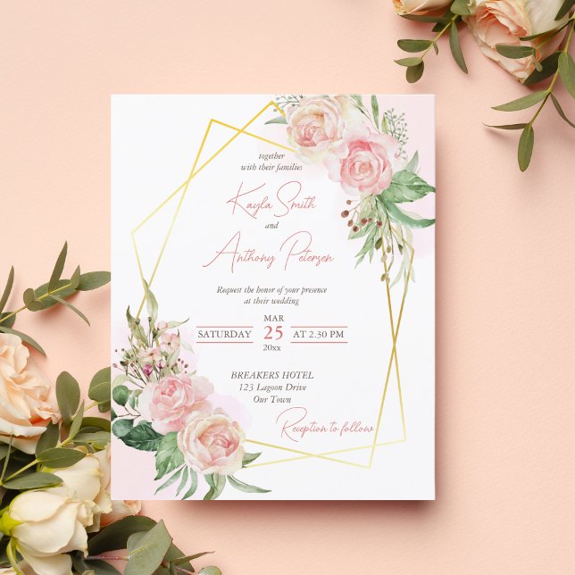 Budget bleu or rose rose floral invitation mariage (Créateur téléchargé)
