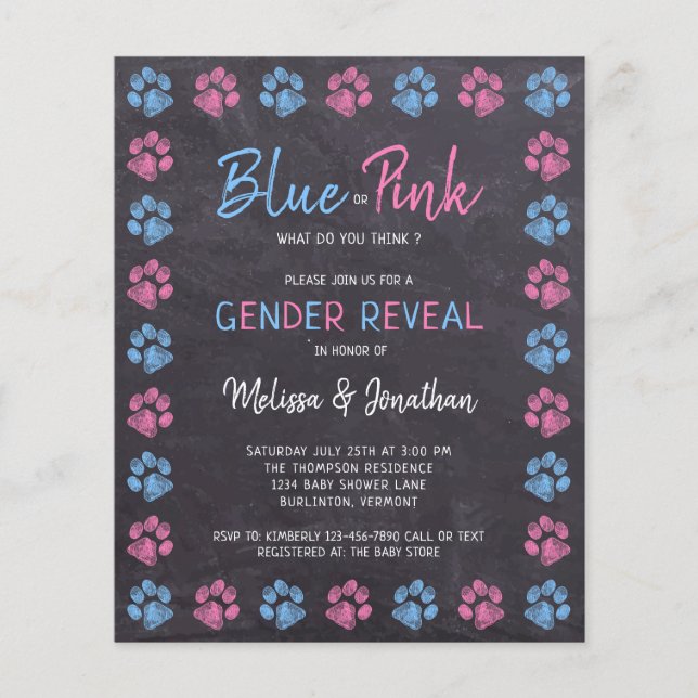 Budget bleu rose Empreintes de pattes Invitation d (Devant)