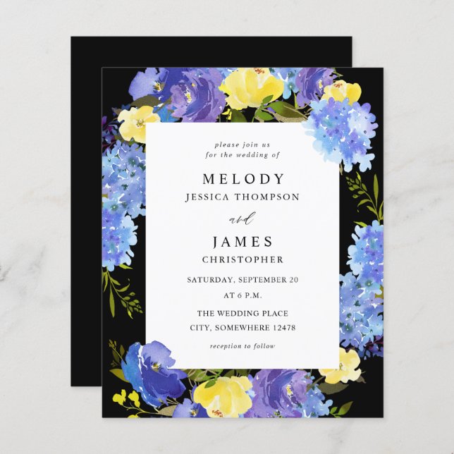 Budget bleu violet et jaune Mariage floral - noir (Devant / Derrière)
