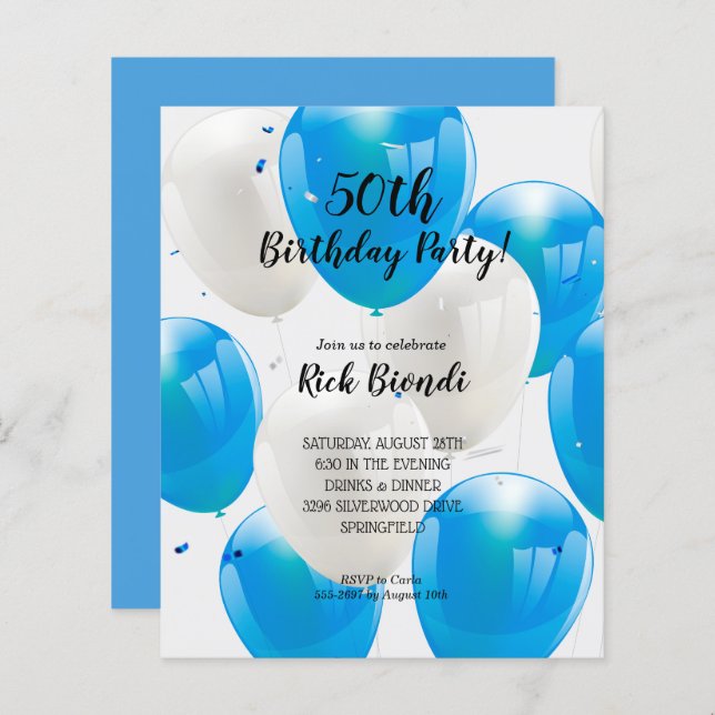 Budget Bleus Ballons Anniversaire Fête Invitations (Devant / Derrière)